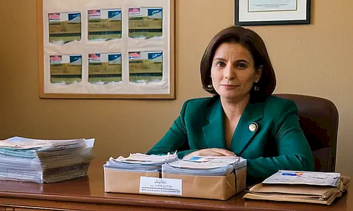 Una mujer está sentada detrás de una superficie trabajosa