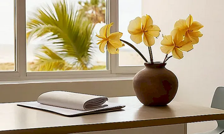 En el interior de un edificio oficial se encuentra una mesa con documentos organizados y una vaso con flores artificiales sobre una cómoda, mientras afuera pasean tranquilas palmeras bajo una atmósfera gris