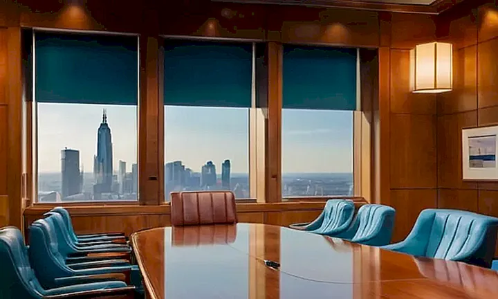 La sala de reuniones tiene una atmósfera solemne y profesional, con sus elementos como muebles de madera, armasjes de cuero y papel en la mesa