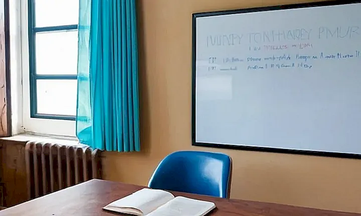 Una persona trabaja en una oficina minimalista con claros detalles de luz natural y muebles viejos
