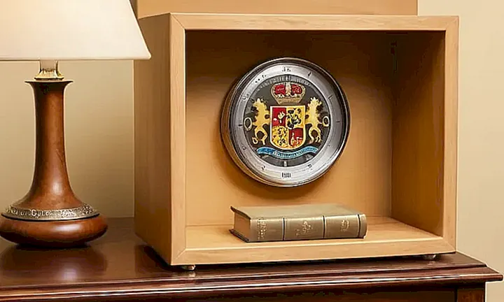 La habitación tiene un fondo beis con una estantería blanca que contiene libros y adornos de plata
