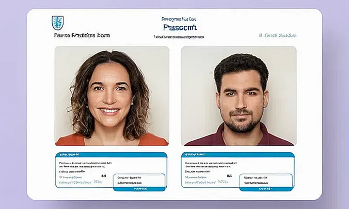 La página web tiene un fondo beige con un gradiente azul-lavanda y una image de solicitud de paso de pasaporte rodeada por un marco blanco redondeado con un banner translúcido que dice Descubre la ciudadanía española