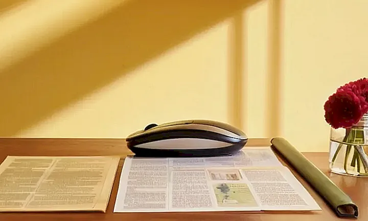 La escena descripta tiene un entorno ordenado y acogedor, con elementos informáticos combinados con detalles del espacio de trabajo que sugieren actividad intelectual