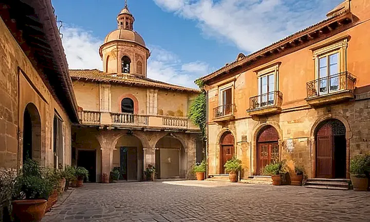 Una ciudad europea está envuelta en una bruma matinal que revela majestuosos edificios antiguos con detalles de hierro forjado y terracota