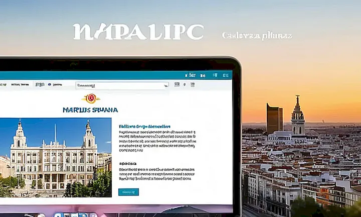 Una página web de la España moderna en una pantalla de portátil con fondo de la ciudad de Madrid y un cursor sobre el enlace a descubrir los beneficios de ser ciudadano español