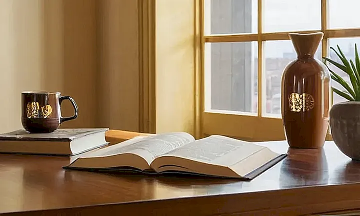 Un brillo suave se filtra por una ventana de la oficina contemporánea para resaltar la mesa y los muebles