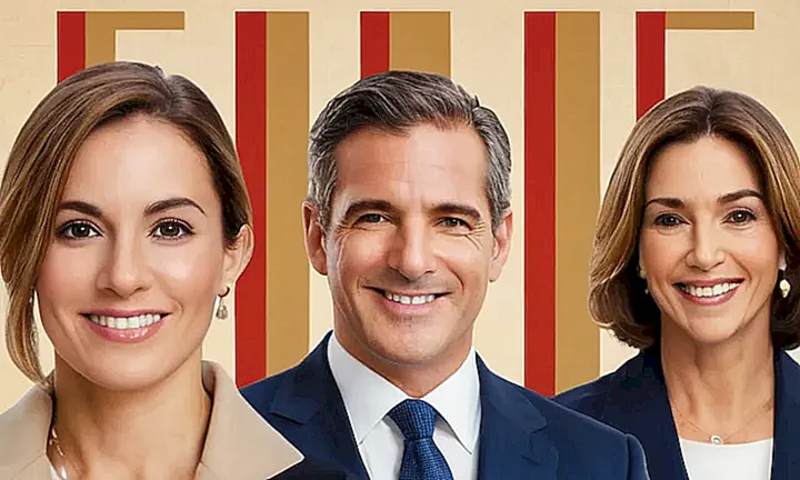 La portada del folleto muestra la bandera española con una foto de dos profesionales sonrientes en un entorno oficinista