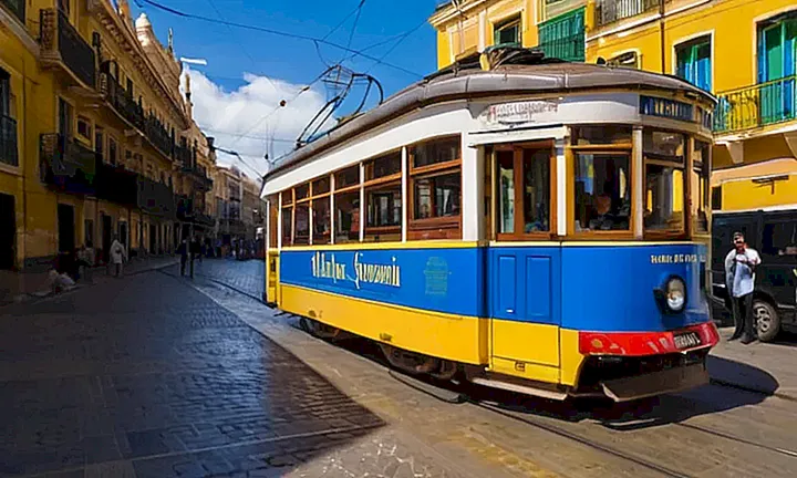 Un tranvía vetusto pero bien cuidado recorre una calle histórica con el sol creciendo en sus detalles
