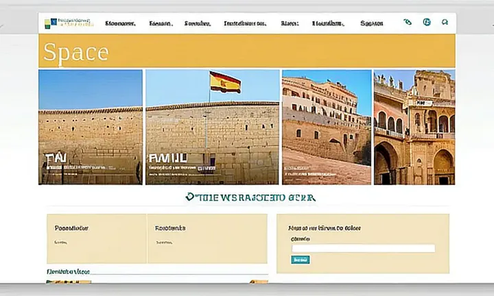 La página web es una ventana a un paisaje español con detalles digitalmente renderizados: banderas ondeando, mapas y lugares turísticos