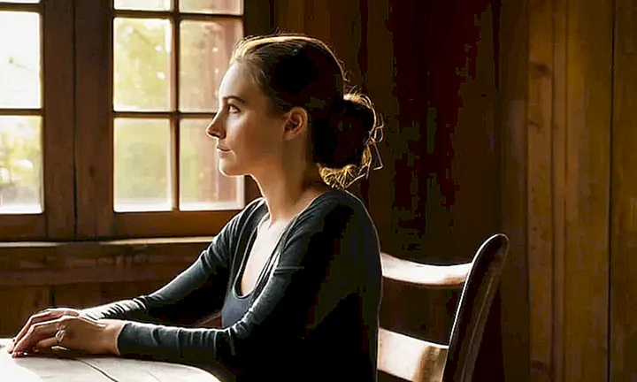 Una mujer bien vestida sentada en un viejo sillón, con la luz del sol iluminando su rostro y fija su mirada intensa en algo fuera de la imagen