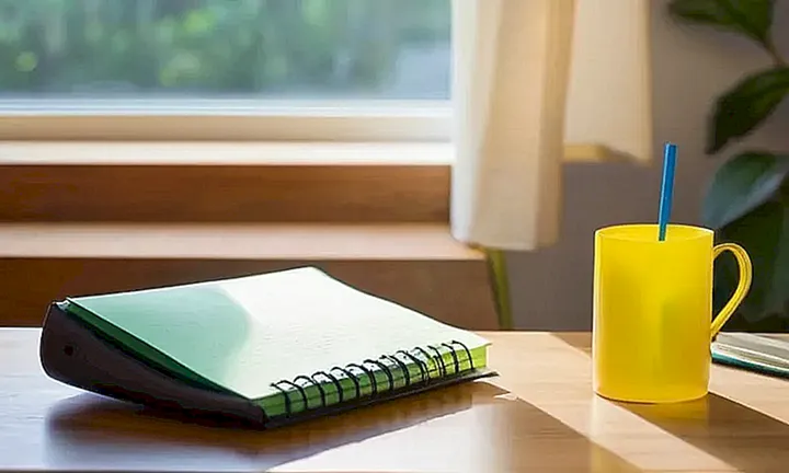 Una habitación esencialmente minimalista con un escritorio desgastado por el uso donde se ubican un laptop, un bolígrafo y una botella de agua