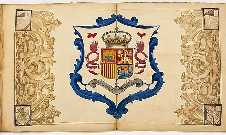 Un documento antiguo con un escudo de armas español desvaído y detalles en relieve sobre una superficie de pergamino desgastado