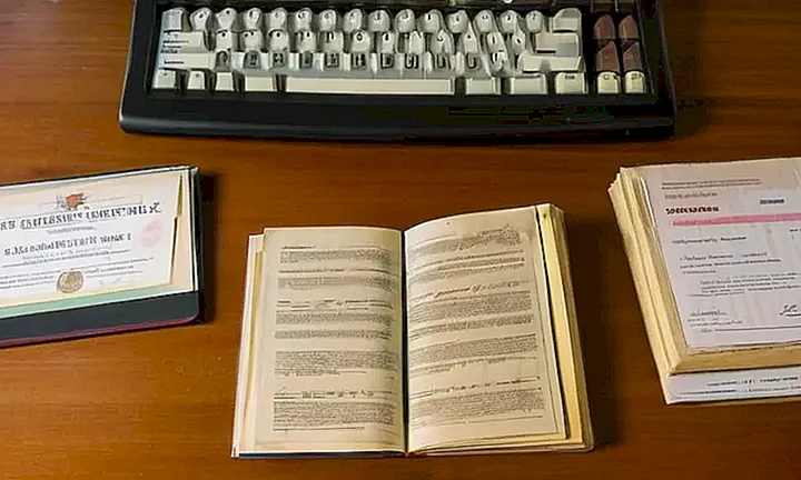 Una pantalla de computadora está sobre una mesa de madera cubierta de documentos oficiales y otros objetos