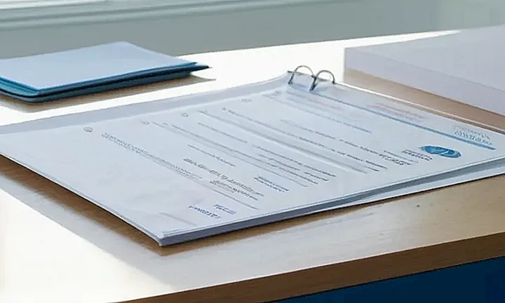Un escritorio de office blanco con un fondo azul suave y una luz tenue ilumina detalles y objetos cotidianos sobre la mesa