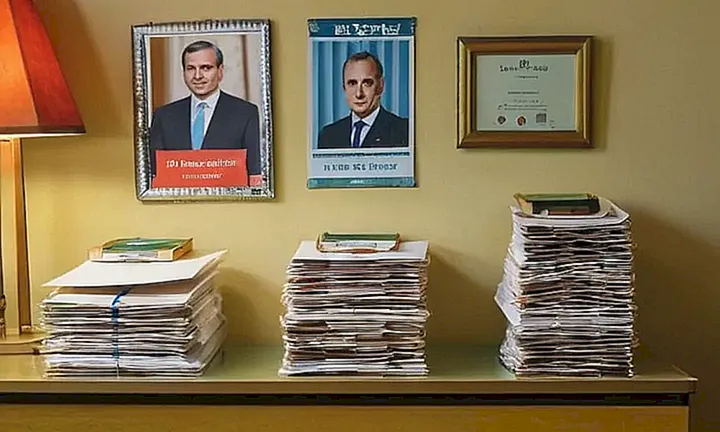 La mesa de un funcionario del gobierno español está cubierta con papeles y documentos oficiales
