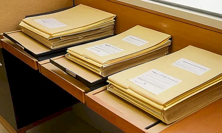 En la superficie de un escritorio desordenado, se destaca una carpeta desgastada y polvorienta entre destellos de luz solar filtrados por la ventana
