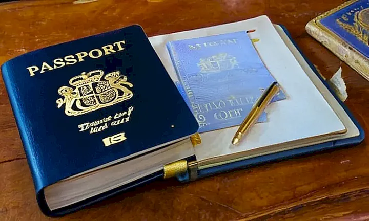Un pasaporte español desgastado descansa sobre una mesa con la emblema de España en su portada