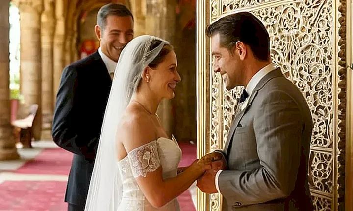 Una pareja de novios se sienta en un elegante entorno eclesial, con vista al interior de una catedral gótica adornada con piedra tallada y colores vibrantes