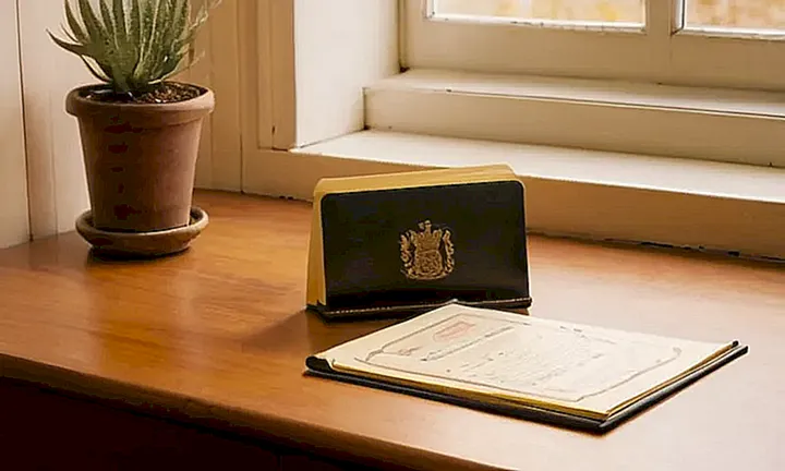 Un escritorio sencillo con papeles y documentos antiguo rodea una escena tranquila bajo la suavidad de una iluminación tenue que entra por encima