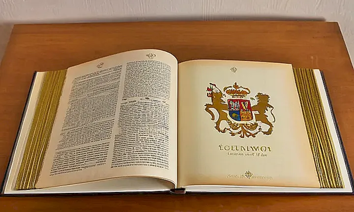 Un libro oficial antiguo con el escudo de España adornado con detalles en oro y en una página amarillenta se abre sobre un escritorio