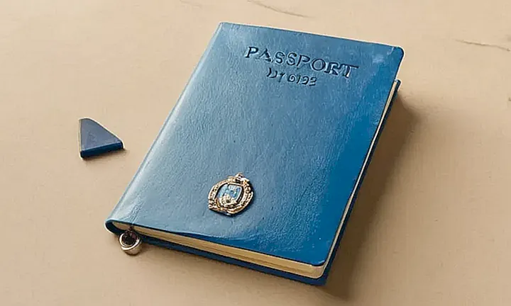Un escritorio iluminado suavemente muestra un bolígrafo en un archivo gubernamental con una foto de pasaporte