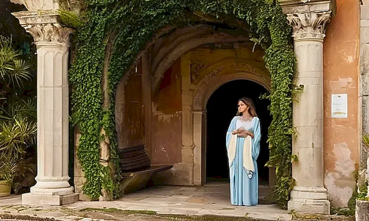 Una mujer romana vestida clásicamente sentada en un arco de estilo romano rodeado por una calle céntrica antigua y adornos barrocos