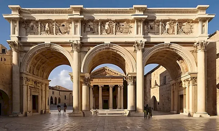 La reconstrucción digital de un espacio urbano romano muestra edificios imponentes rodeados por calles empedradas y patios con archivoltas ornamentadas