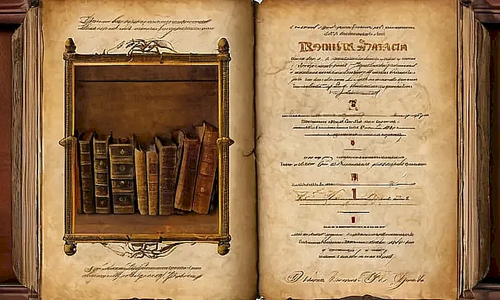 Un viejo manuscrito descolorido con ilustraciones en aguadas oscuras muestra leyes romanas discutidas por figuras togadas y ornadas con filigrana dorada