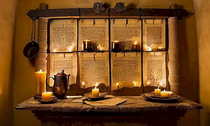 La escena descrita es un espacio antiquado y lúgubre en el que se mezclan elementos arqueológicos y culturales como artefactos romanos, textos antiguos, frescos deteriorados, monedas órfanas, etc