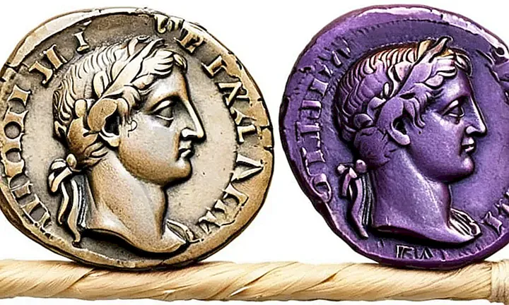 Un antiguo frasco de cologne está apoyado sobre un papel arrugado y amarillento, rodeado de monedas romanas pasadas de moda