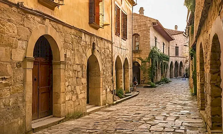 La escena describe un paisaje rural con una bella tarde soleada, poblado de edificios antiguos y habitantes que realizan sus tareas diarias en una ciudad tranquila