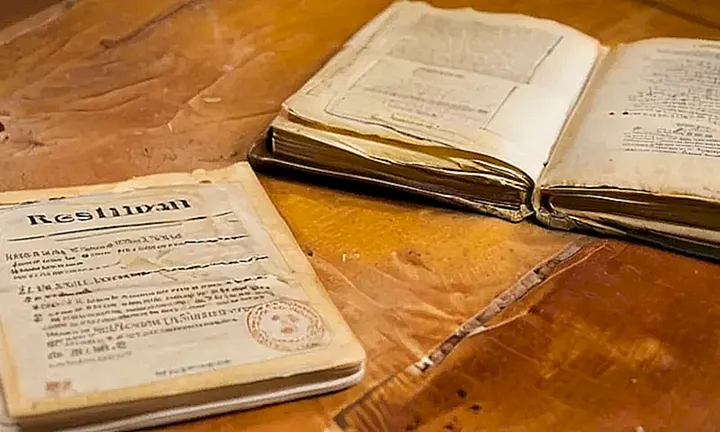 La fotografía muestra un pasaporte desgastado sobre una mesa de madera deteriorada, rodeado de papeles oficiales y documentos con anotaciones y manchas