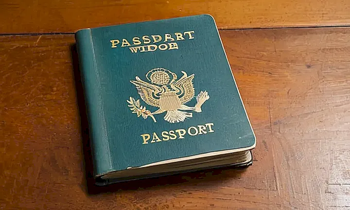 En una mesa de madera hay un pasaporte y algunos documentos desorganizados en medio de una habitación claramente utilizada