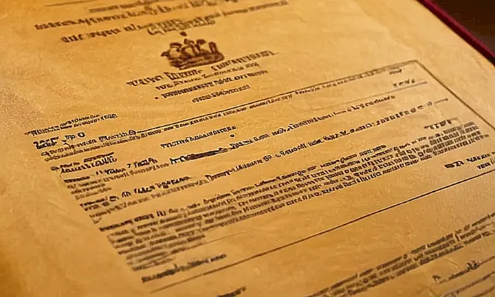 La imagen muestra un cuadro de una mesa ornada con documentos españoles y un escudo real en la sombra