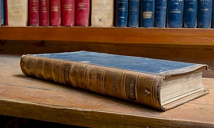 Una vieja edición de un libro legal y una mesa de madera bien cuidada aparecen en el escenario