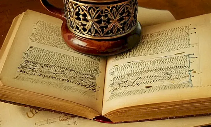 Una vieja libreta de cuero oscuro sobre un escritorio desordenado con notas y detalles enmarcadas por la luz del amanecer