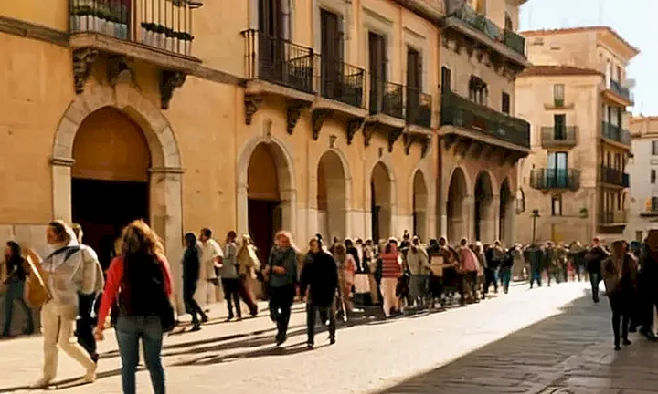 La imagen muestra un paisaje urbano multitudinario bajo el sol de mediodía con edificios históricos