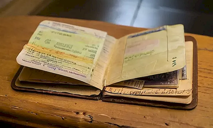 Un antiguo pasaporte se encuentra abiertamente sobre un escritorio desordenado