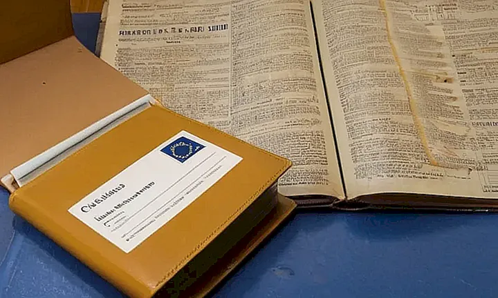 En una habitación anticuada y cubierta de polvo, un libro rasguñado reposa boca abajo sobre una mesa junto con documentos oficiales y un teléfono antiguo