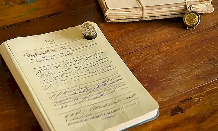 Una joven sentada en un escritorio ordenado, rodeada de documentos y objetos que sugieren una vida de viajes y organización