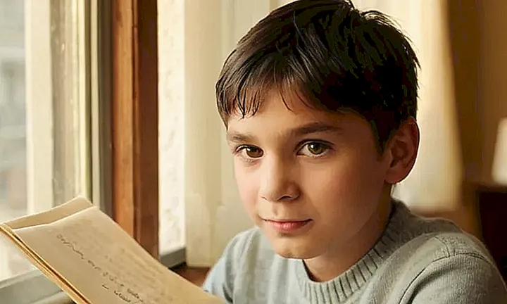 Un niño en la frente con el cabello negro y ojos marrones, acaricia un libro antiguo sobre una mesa de ventana