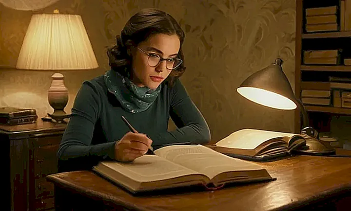 Una joven mujer estudia un libro antiguo bajo la luz tenue de una lámpara en una pequeña habitación llena de libros y papeles
