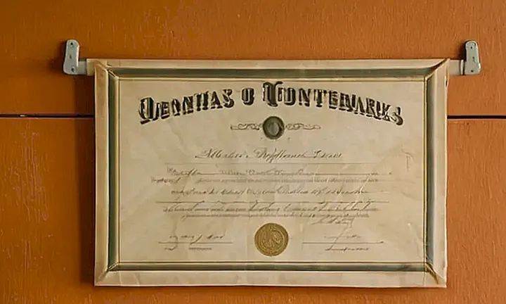 Una pared desgastada alberga un viejo certificado de ciudadanía española enmarcado por una antigua esponja y una cenefa descolorida