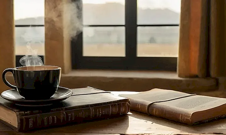 Una mesa de madera vieja y rústica sostiene libros con páginas mustias rodeada de fotos familiares y papeles sin orden, mientras una laptop mostrar un sitio gubernamental en una habitación llena de luz tenue del amanecer
