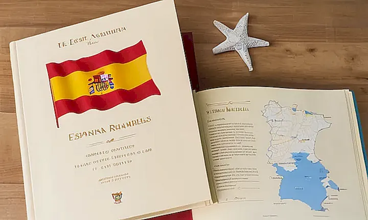 El libro es una guía oficial de España sobre ciudadanía que tiene un grueso tapa con detalles en oro y colorida portada, rellena con texto claramente impreso en varios idiomas