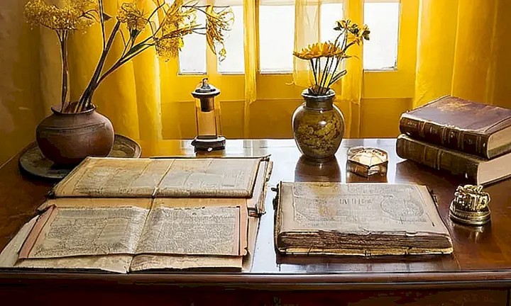Un escritorio antiguo y gastado está desordenadamente lleno de documentos y libros antiguos en una habitación decrépita