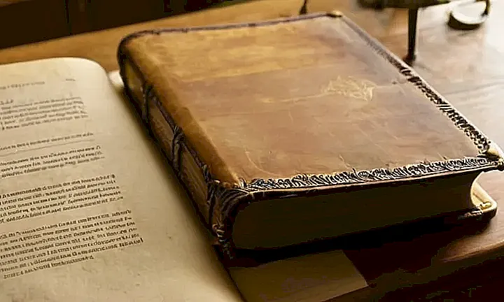 En una habitación clásica y acogedora con muebles de madera, un libro antiguo reposa abiertamente en la mesa junto a papeles organizados y fotos familiares