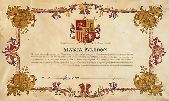 El documento muestra un escudo de armas español en su centro con un bordado ornamentado y texto dorado, sobre un fondo arrugado como pergamino