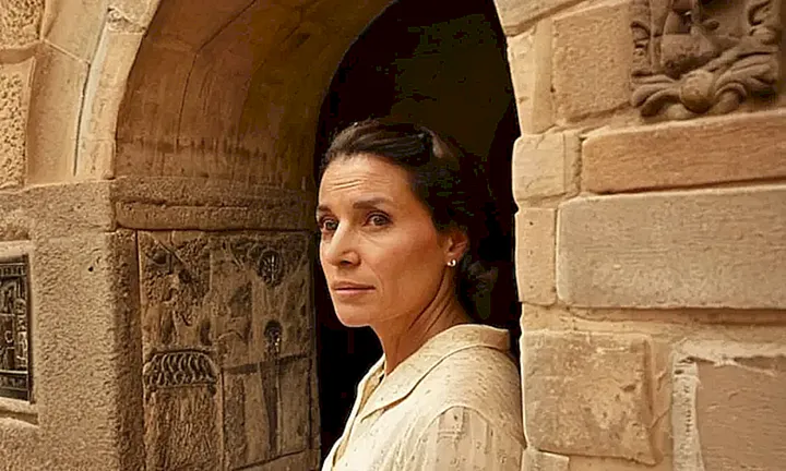 Una fotografía antigua muestra una mujer española con gesto sereno rodeada de edificios antiguos y arquitectura ornada en un paisaje sombrío