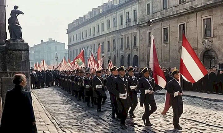 La foto muesta una manifestación con gente levantando banderas y carteles políticos en un entorno urbanístico decadente de la dictadura franquista